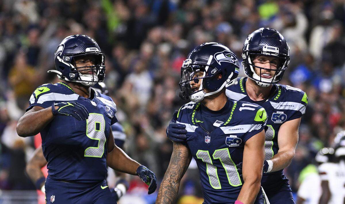 Seattle Seahawks wide receiver Jaxon Smith-Njigba (11) celebrates his touchdown during the first quarter against the Houston Texans of the game at Lumen Field, on Monday, Oct. 20, 2025, in Seattle.