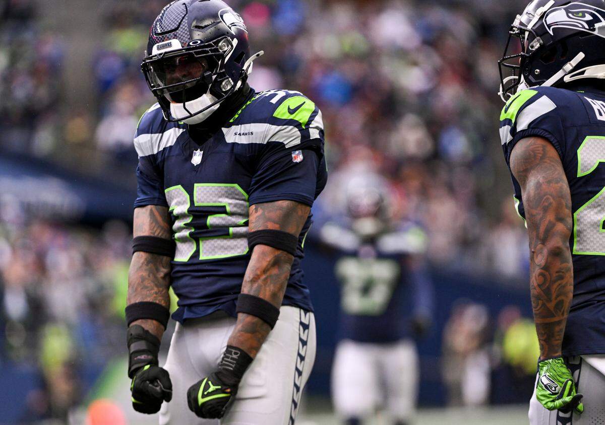 Seattle Seahawks safety Jamal Adams (33) reacts to breaking up a pass against the Washington Commanders during the first quarter of the game at Lumen Field, on Sunday, Nov. 12, 2023, in Seattle, Wash.