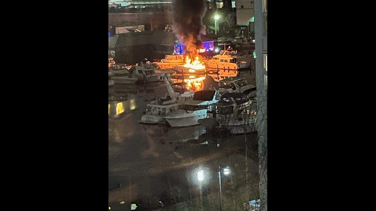 A yacht tied up along Tacoma’s Thea Foss Waterway caught fire and sank Jan. 24, 2023.