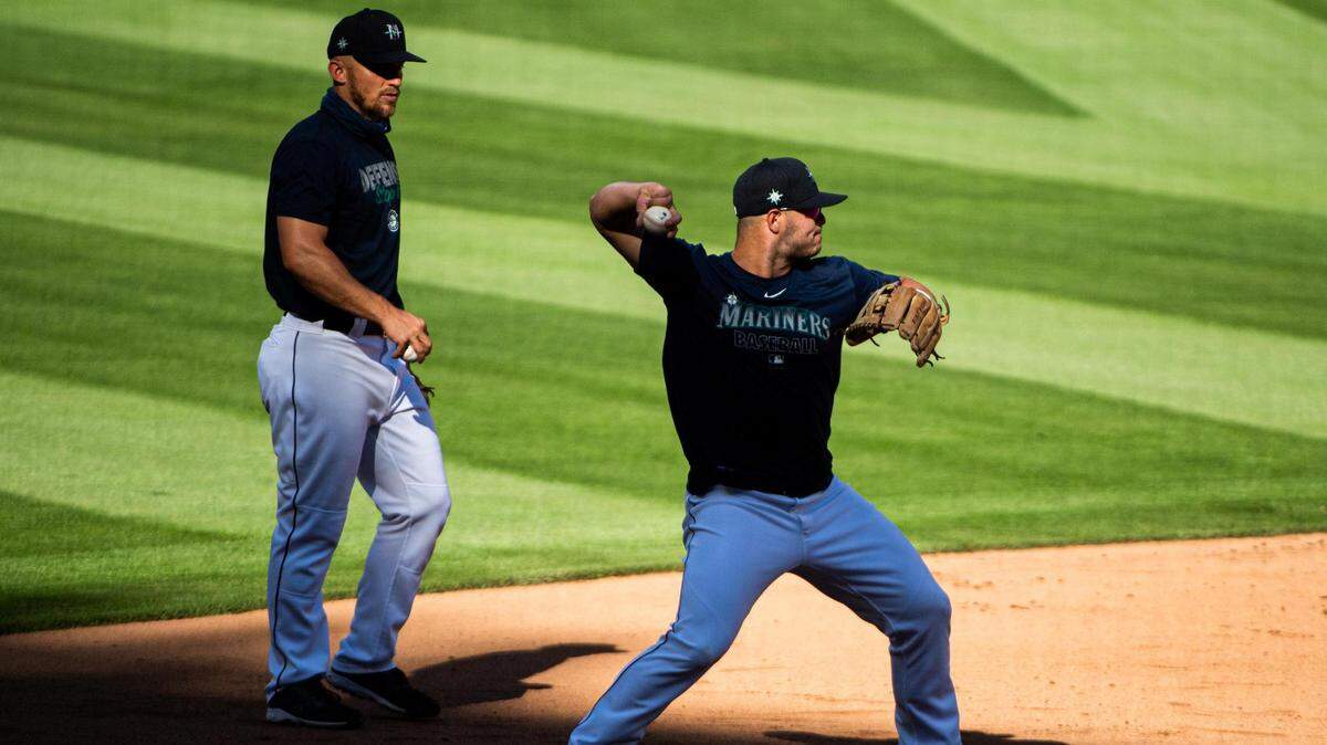 Mariners infielder Ty France works out at third base during a Mariners team practice at T-Mobile Park in Seattle, Wash., on Wednesday, Sept. 2, 2020.