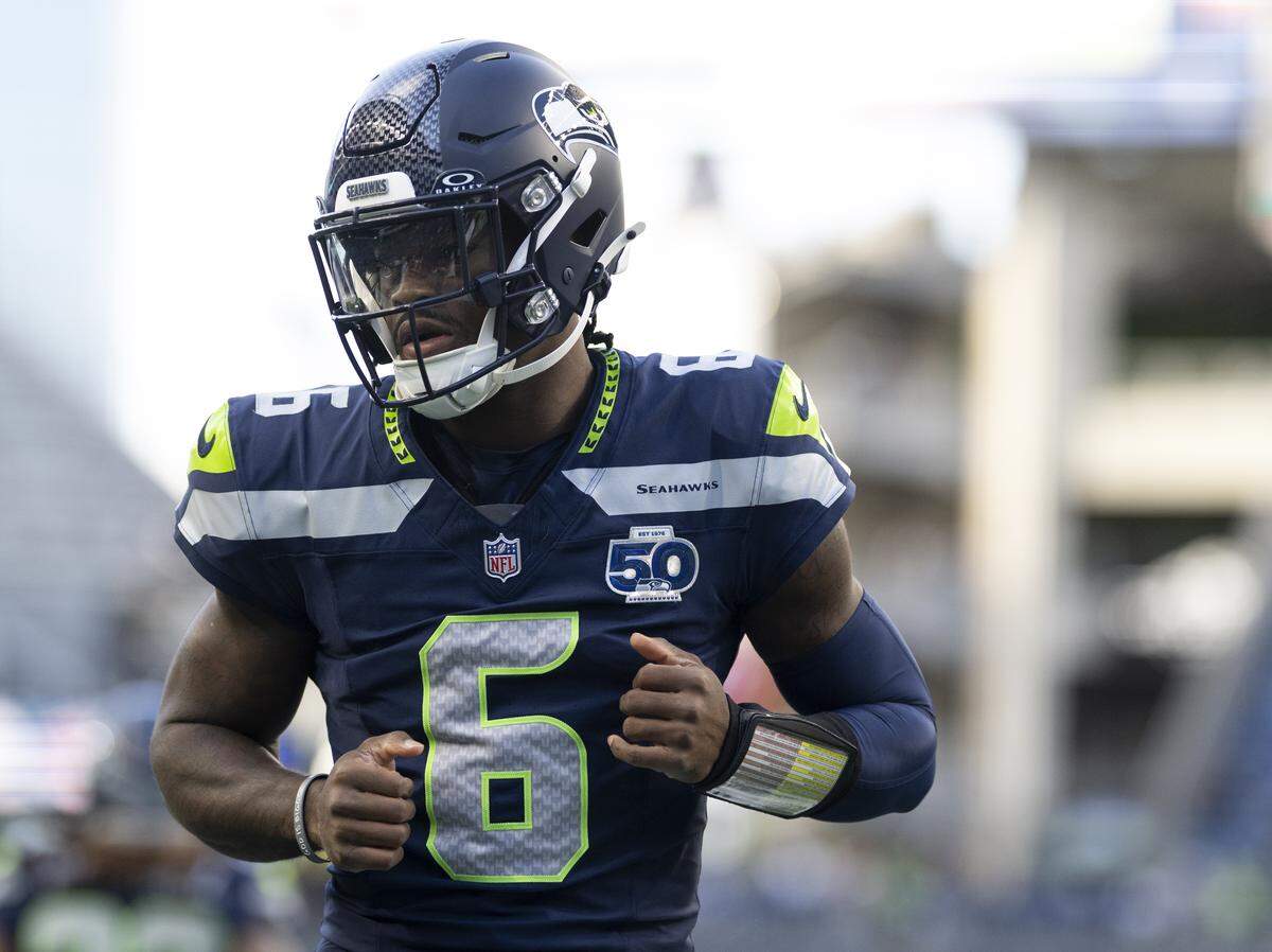 Seattle Seahawks quarterback Jalen Milroe (6) warms up before the game against the Las Vegas Raiders at Lumen Field, on Thursday, Aug. 7, 2025, in Seattle.