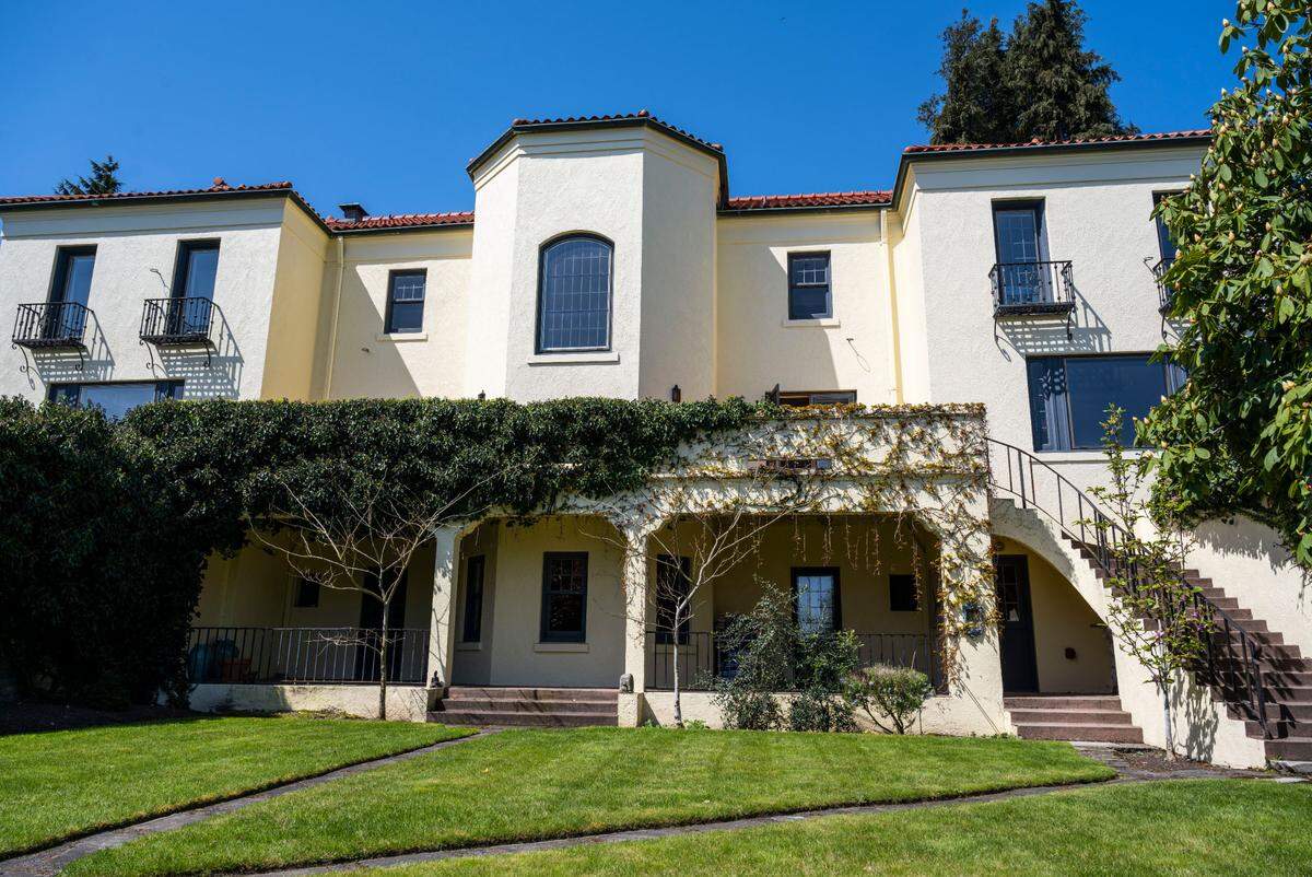 An exterior view of furniture magnate Edwin Gregory’s former mansion on North Mason Avenue in Tacoma, Wash. on May 3, 2023. The mansion was also previously owned by local race car driver Pete Lovely before being sold to its current owner, David Blackburn.