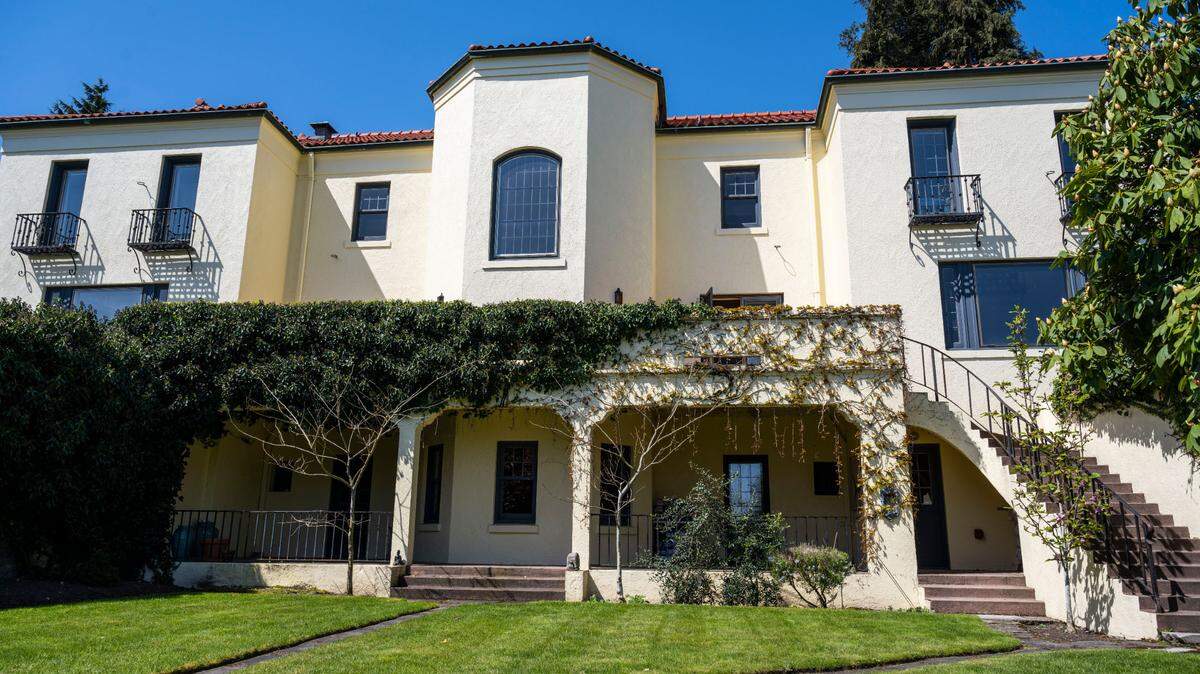 An exterior view of furniture magnate Edwin Gregory’s former mansion on North Mason Avenue in Tacoma, Wash. on May 3, 2023. The mansion was also previously owned by local race car driver Pete Lovely before being sold to its current owner, David Blackburn.