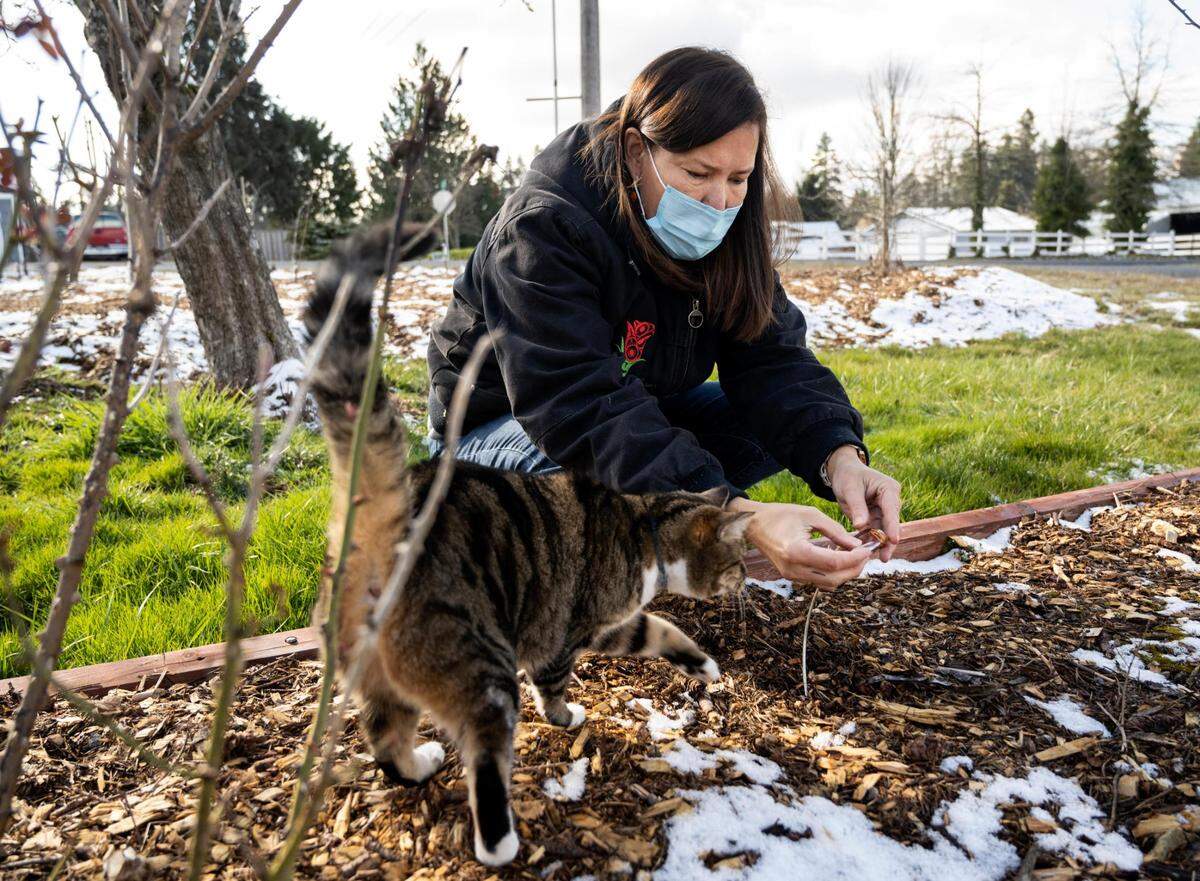 Melissa Meyer, Rose Island Farm owner, explains how she places crystals in her herbal medicine garden so it can be energized by the sun, and their energy then feeds the plants at the farm on Thursday, Feb. 24, 2022, in Tacoma, Washington. Rose Island Farm is an Indigenous-owned family farm that provides skill share workshops, food and herbal supports for the BIPOC community.