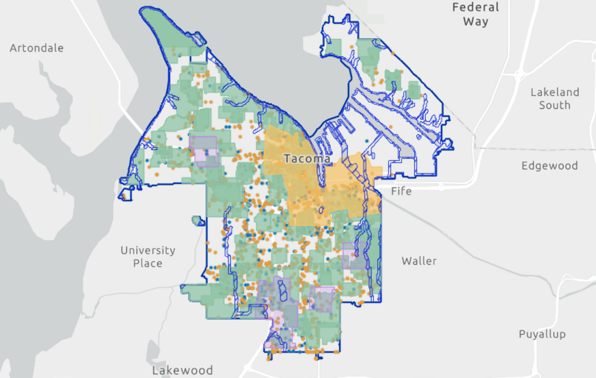The dots represent reports made related to homelessness in Tacoma from Jan. 1, 2025 to March 19, 2026. The colored zones represent the areas where camping is prohibited following the expansion.