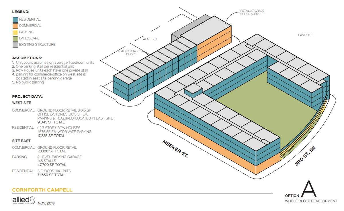 Design of a potential project in downtown Puyallup shows the first option for constructing new townhouses and business space, which would be completed in one phase and with no public parking on site. November 2018