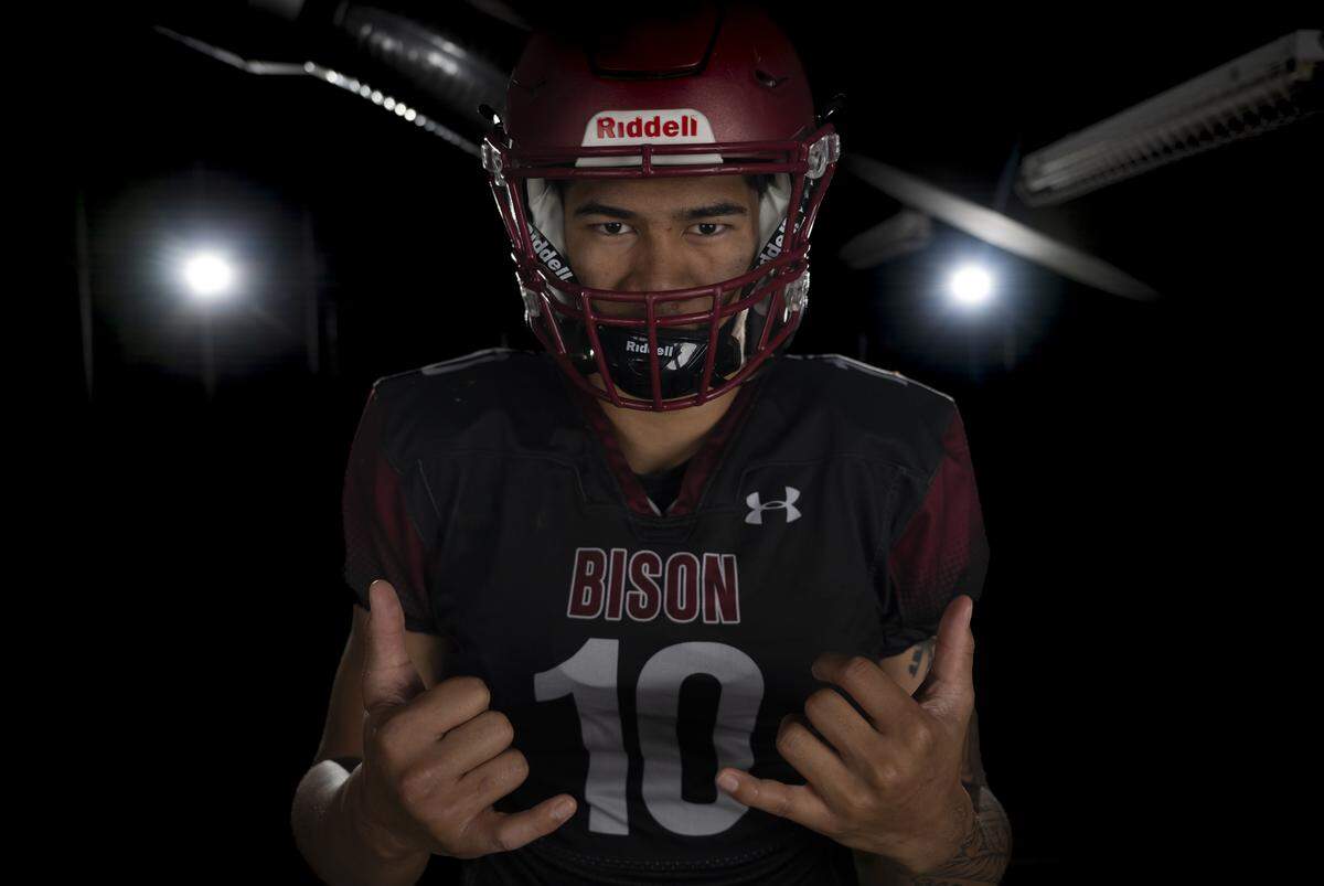 Bethel senior linebacker Ramzak Fruean poses for a portrait after being selected as first-team defense for The News Tribune’s 2025 All-Area football team at Mount Tahoma High School, on Sunday, Dec. 7, 2025, in Tacoma, Wash.