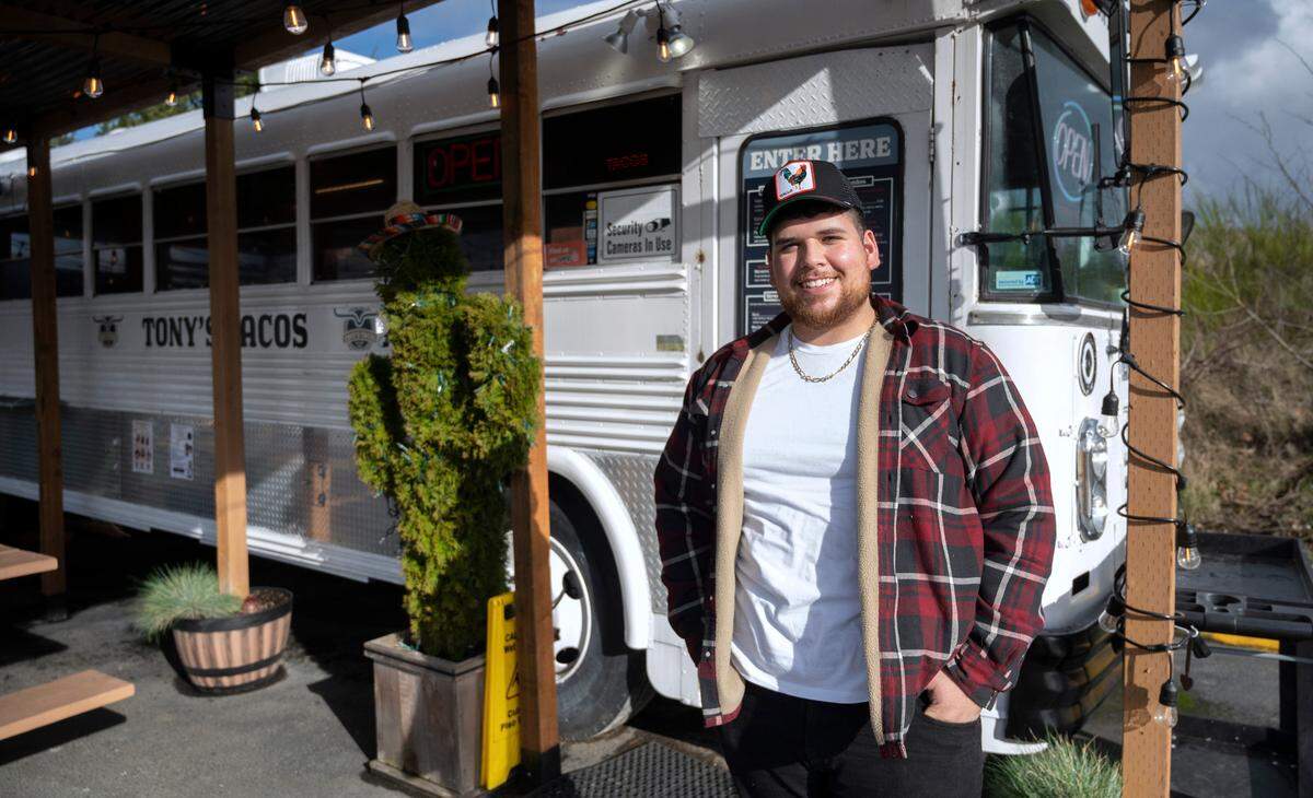 Antonio Ruiz Jr., pictured on Feb. 8, learned the food-truck ropes from his parents, who operated a restaurant from the same vintage bus in Renton and then South Hill for almost 20 years. His new restaurant, Tony’s Tacos, opened in Puyallup in July 2022 at the intersection of 176th and Canyon Road in Puyallup.