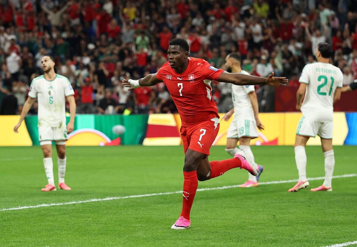 VANCOUVER, BRITISH COLUMBIA - JULY 02: Breel Embolo #7 of Switzerland celebrates scoring his team's first goal during the FIFA World Cup 2026 Round of 32 match between Switzerland and Algeria at BC Place Vancouver on July 02, 2026 in Vancouver, British Columbia. (Photo by Emilee Chinn/Getty Images)