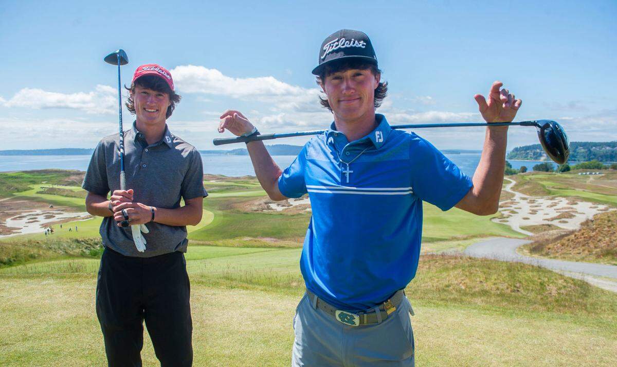Maxwell, left, and David Ford, identical 18-year-old brothers from Peachtree Corners, GA., will be competing on different teams in the U.S. Amateur Four-Ball Championship at Chambers Bay Golf Course. Photo taken in University Place on Friday, May 14, 2021.