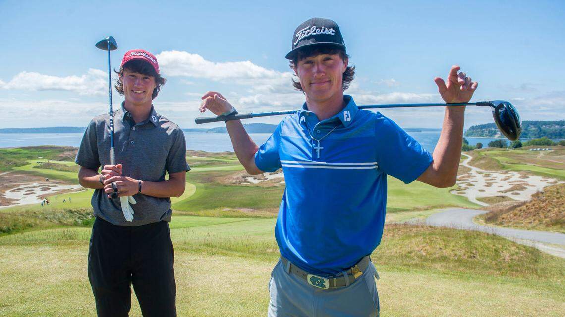 Maxwell, left, and David Ford, identical 18-year-old brothers from Peachtree Corners, GA., will be competing on different teams in the U.S. Amateur Four-Ball Championship at Chambers Bay Golf Course. Photo taken in University Place on Friday, May 14, 2021.