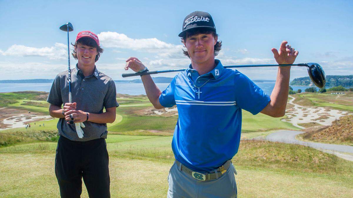Maxwell, left, and David Ford, identical 18-year-old brothers from Peachtree Corners, GA., will be competing on different teams in the U.S. Amateur Four-Ball Championship at Chambers Bay Golf Course. Photo taken in University Place on Friday, May 14, 2021.