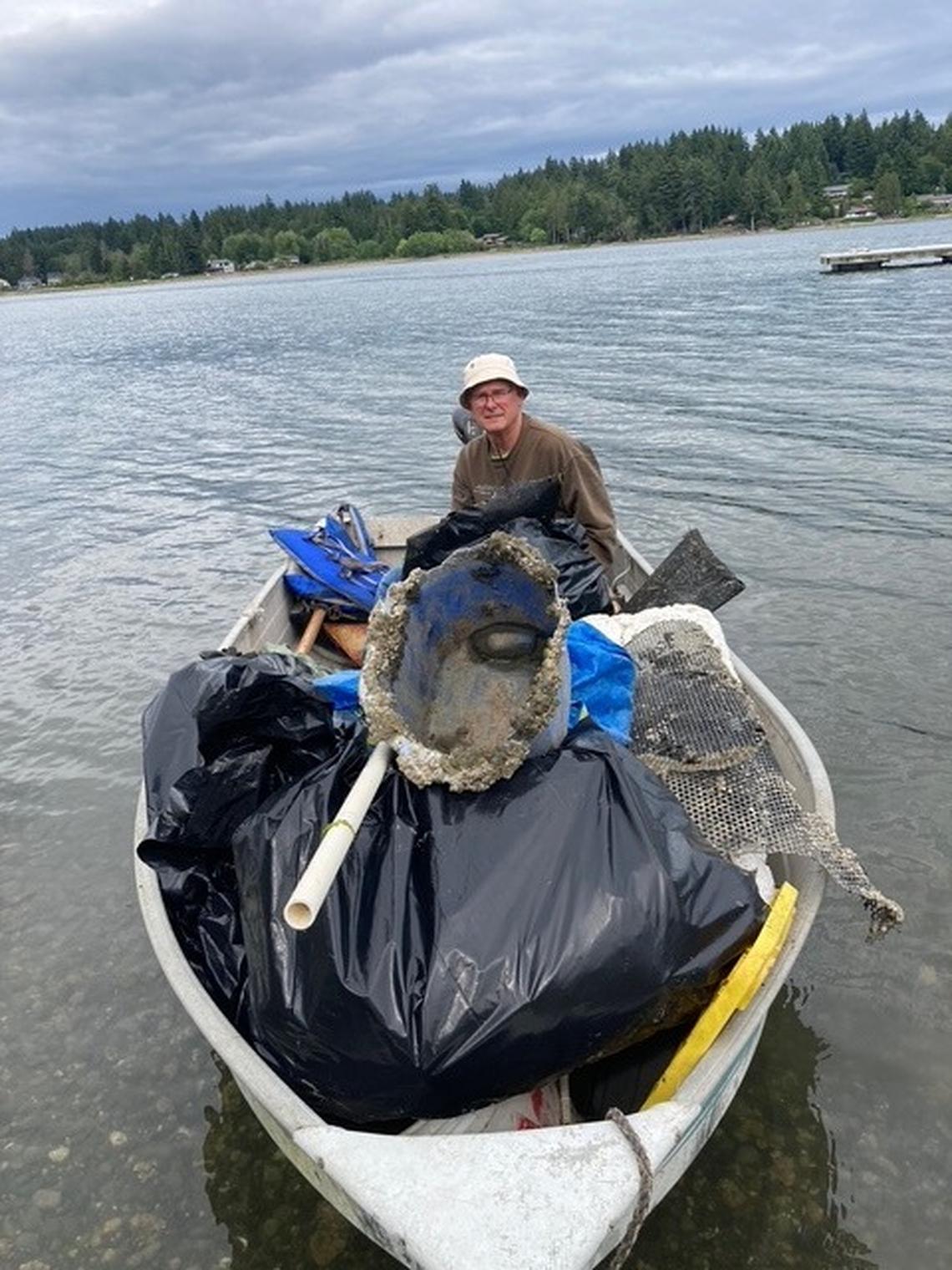 Burley Lagoon residents Brent Doering (pictured) and Carl Marlow picked up aquaculture debris along a 1-mile stretch of shoreline on the west shore of Burley Lagoon on June 17, 2023.”