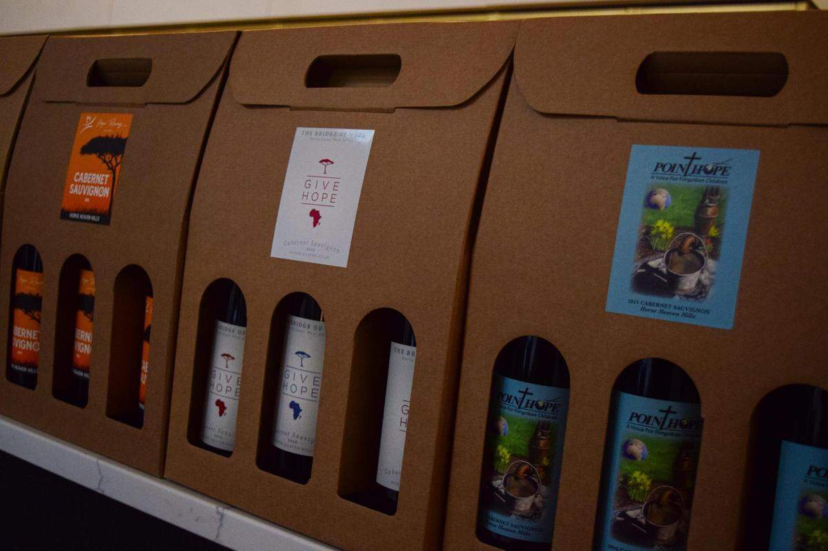 Partner organizations have the opportunity to put their own label on Water from Wine’s estate-grown cabernet sauvignon. These and house labels are available at the new Tacoma tasting room.