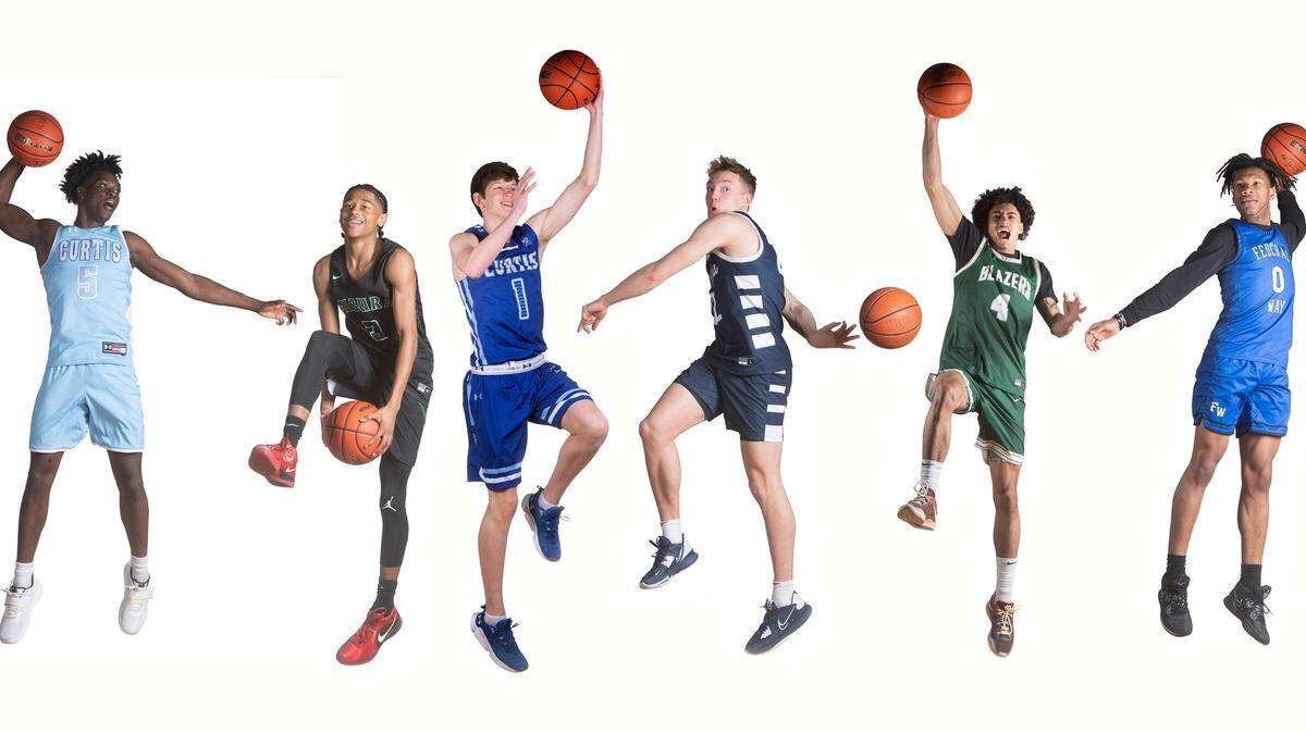 Curtis junior Zoom Diallo, Auburn sophomore Jaylen Petty, Curtis senior Tyce Paulsen, Olympia senior Parker Gerrits, Timberline senior Brooklyn Hicks and Federal Way senior Vaughn Weems at The News Tribune’s All Area Boys Basketball Team. They were photographed at Curtis High School in University Place, Washington, on Saturday, March 11, and Wednesday, March 15, 2023.
