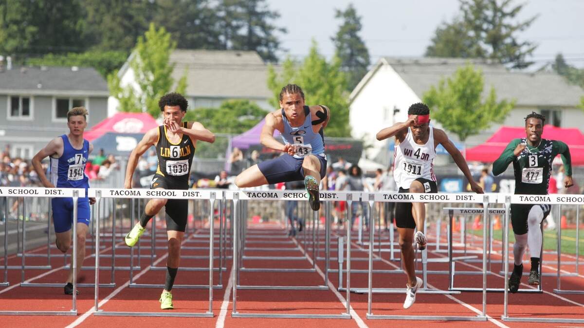 Gig Harbor's Jurrian Hering wins the 110-meter hurdles at the 2018 Class 3A state track meet at Mount Tahoma High School in Tacoma.