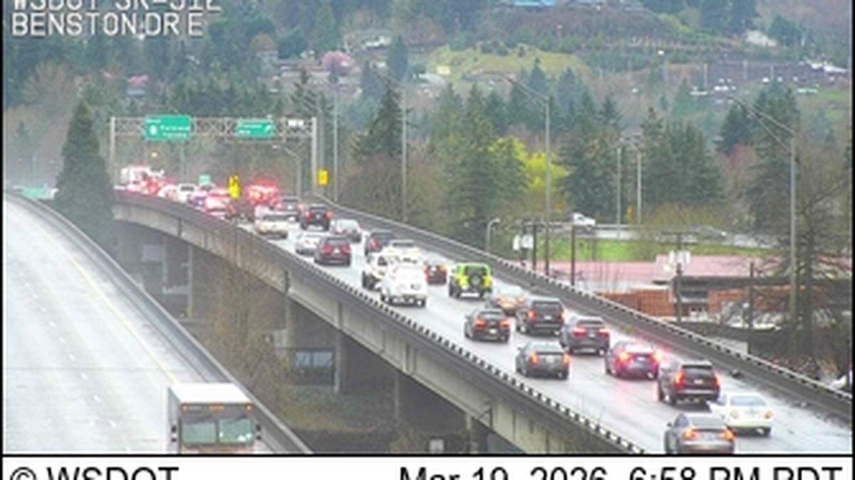 Traffic is snarled on westbound State Route 512 Thursday afternoon after a vehicle crash dragged a cable barrier into the roadway, according to the Washington Department of Transportation.