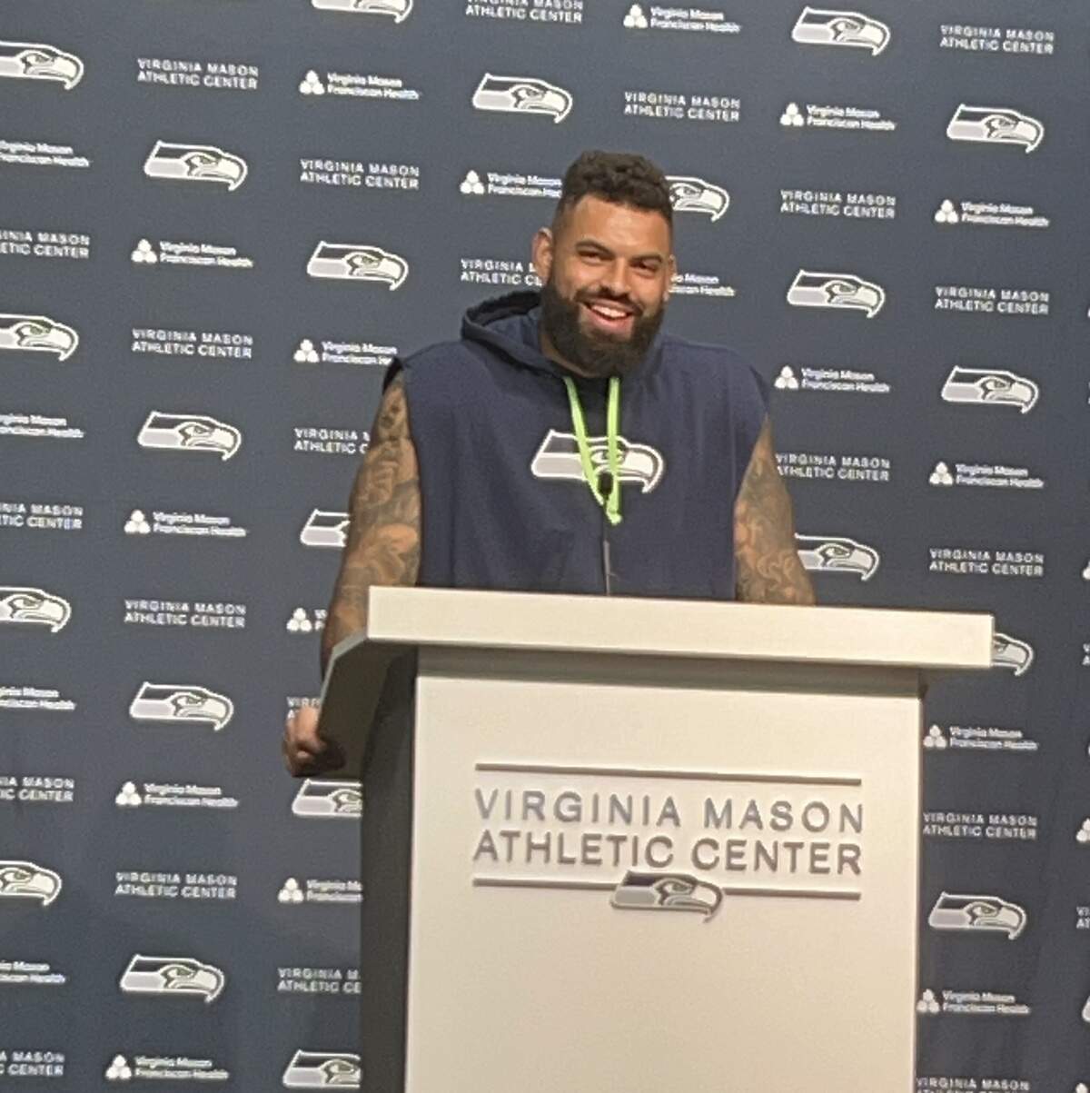 Abe Lucas smiles while discussing the $46 million contract extension the fourth-year right tackle from Washington State and Everett signed Thursday, Sept. 4, 2025, at the Virginia Mason Athletic Center in Renton.