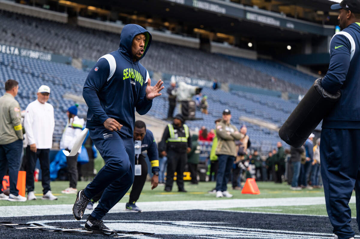 Seattle Seahawks linebacker Bruce Irvin (51) warms up before the start of an NFL game against the New York Giants at Lumen Field in Seattle, Wash. on Oct. 30, 2022.