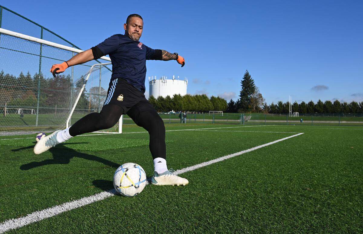Taking some impromptu goal tending practice with his son Dylan at the Regional Athletic Complex in Lacey, Wa. on Nov.16 Nicky Salapu is an American Samoan soccer goalkeeper who was on the world’s worst international team when they claimed their first ever victory in a FIFA-recognized match against Tonga. His story is documented in the comedic film “Next Goal Wins” which comes out Nov. 17. The film has some big Hollywood stars attached to it as he’s portrayed in the by actor Uli Latukefu