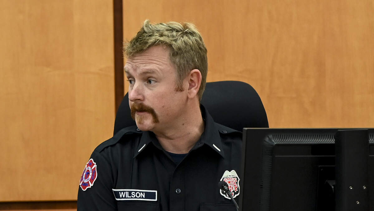 Nicholas Wilson, a Tacoma Fire Department lieutenant paramedic, answers questions on direct examination during the trial of three Tacoma Police officers in the killing of Manny Ellis on Tuesday, Oct. 24, 2023.