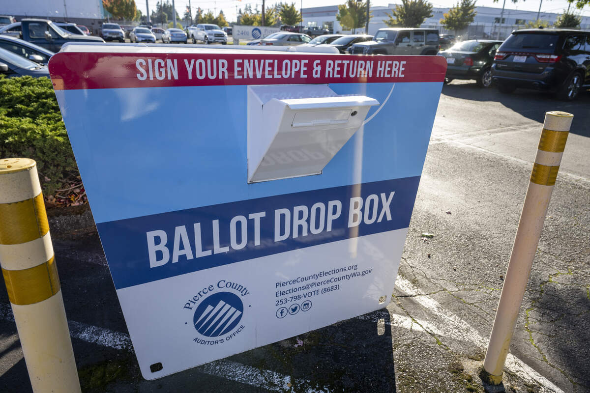 A Pierce County ballot drop box sits in the parking lot of the Pierce County Annex on Tuesday, Oct. 14, 2025, in Tacoma, Wash.
