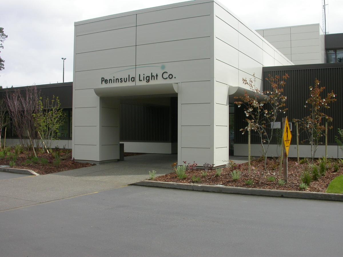 Entrance to Peninsula Light Company headquarters building at 13315 Goodnough Dr. NW. in Gig Harbor, Wash.