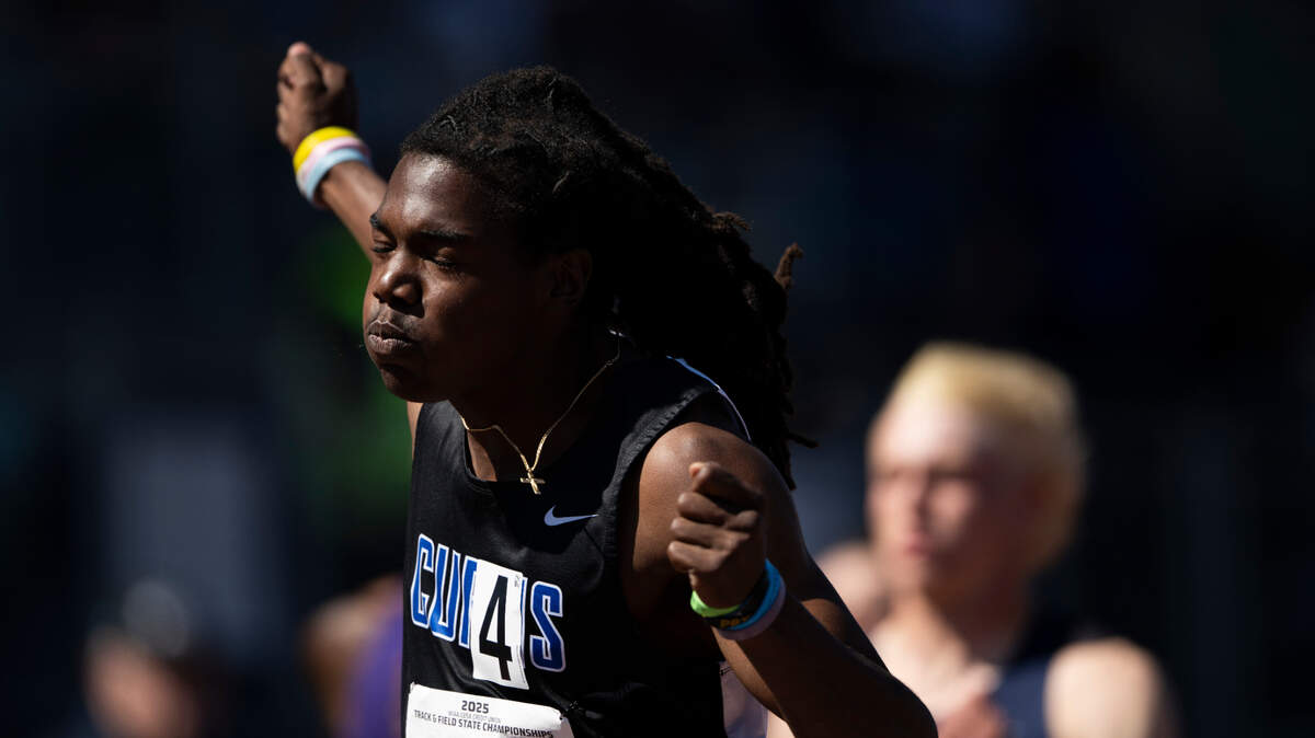 Curtis’s Nicholas Altheimer runs a 10.52 in the 4A 100m prelim of the WIAA State Track and Field Championships at Mount Tahoma High School, on Thursday, May 29, 2025, in Tacoma, Wash.