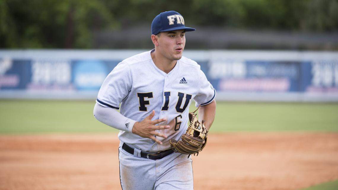 FIU’s Austin Shenton in action during an NCAA college baseball game against FAU, Saturday, March 30, 2019, in Boca Raton, Fla.