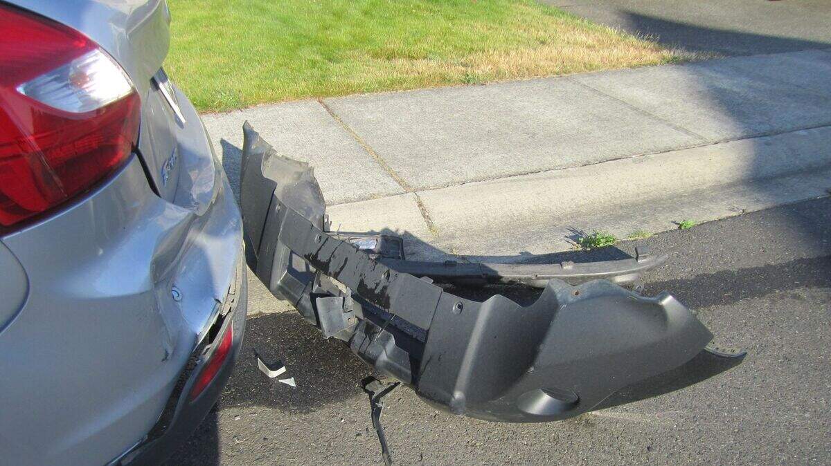 This bumper was left behind by a hit-and-run driver this weekend after a wreck in Frederickson, according to the Pierce County Sheriff's Department. The trail of coolant led deputies to the offending driver's house.