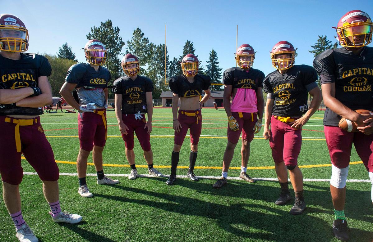 Capital starting defenders line up during football practice at Capital High School in Olympia on Wednesday, Aug. 28, 2019.