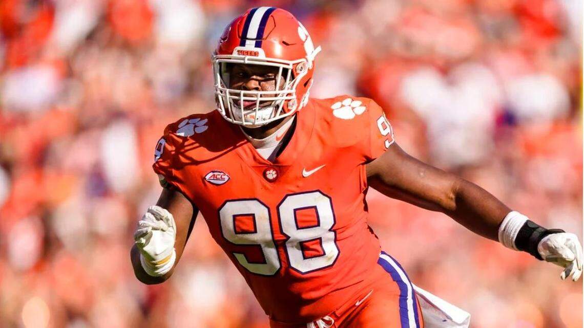 Clemson defensive end Myles Murphy (98) plays against South Carolina during an NCAA football game Saturday, Nov. 26, 2022, in Clemson, South Carolina.