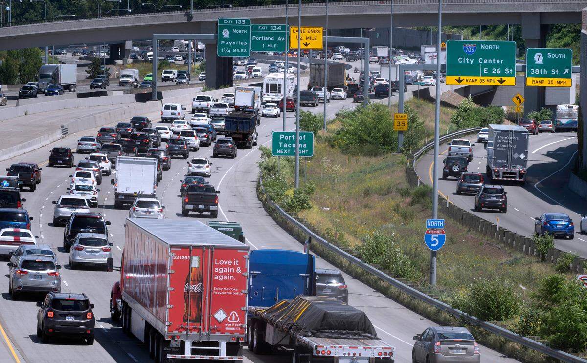 Northbound traffic makes its usual backup through the construction zone on Interstate 5 through Tacoma, Washington on Thursday, June 16, 2022.