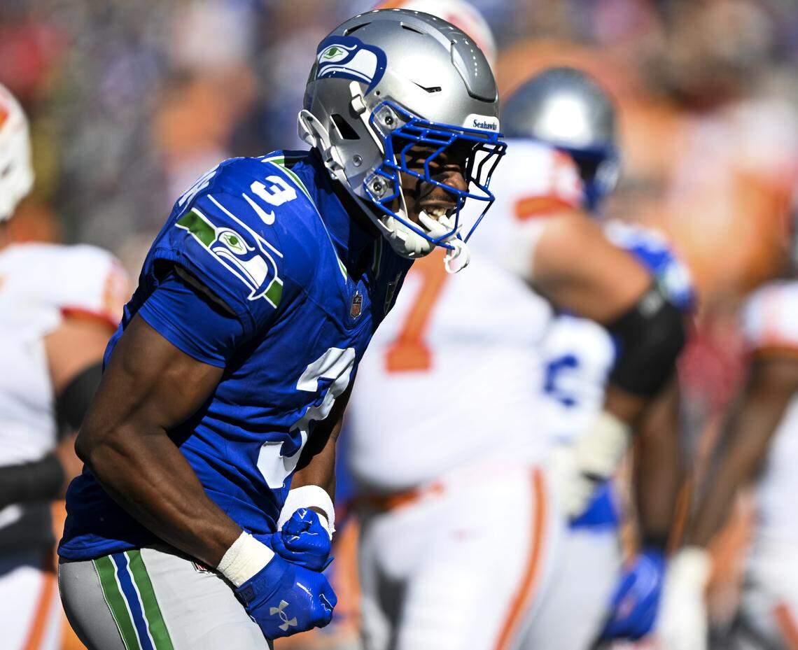 Seattle Seahawks safety Nick Emmanwori (3) reacts to a stop against the Tampa Bay Buccaneers during the third quarter of the game at Lumen Field, on Sunday, Oct. 5, 2025, in Seattle.