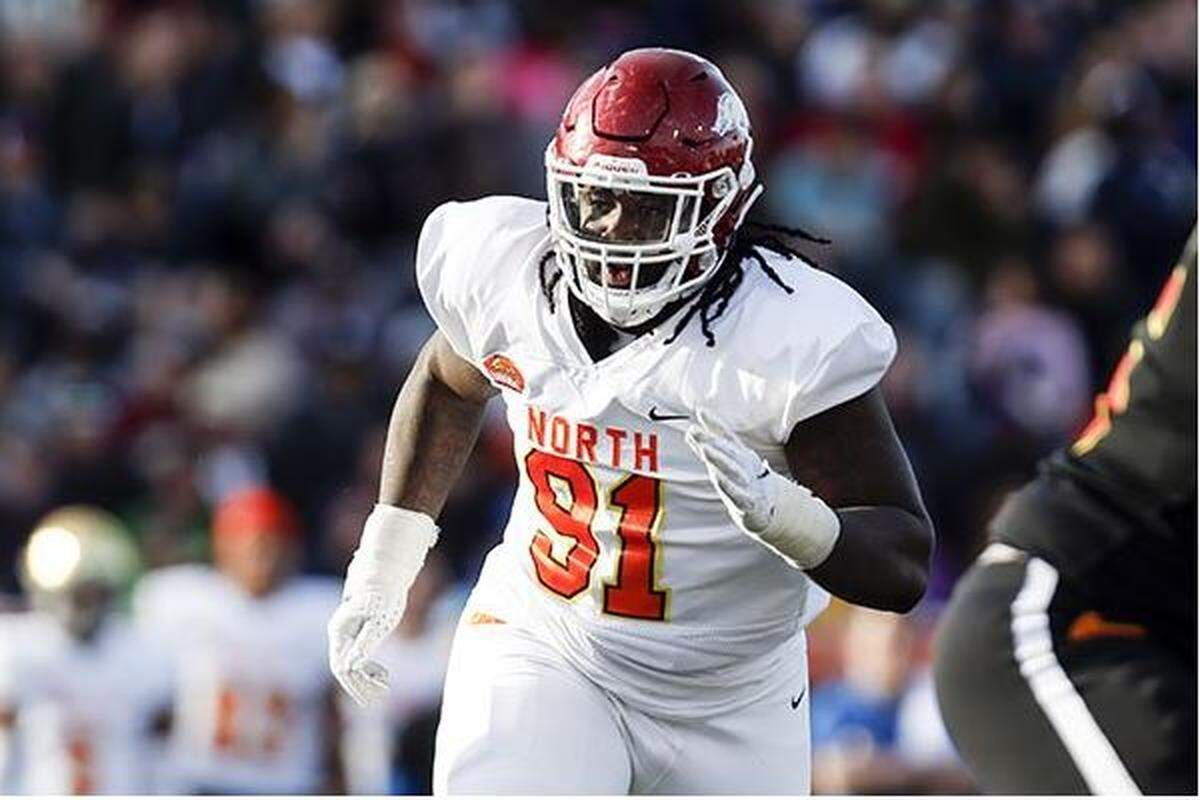 McTelvin Agim was a defensive end who last season became a quick defensive tackle for Arkansas. He impressed scouts at the Senior Bowl, where he’s playing here, and in the East-West Shrine college all-star game in January.