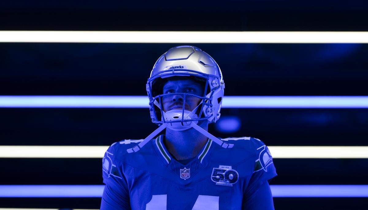 Seattle Seahawks quarterback Sam Darnold (14) walks out before the game against the Minnesota Vikings at Lumen Field, on Sunday, Nov. 30, 2025, in Seattle.