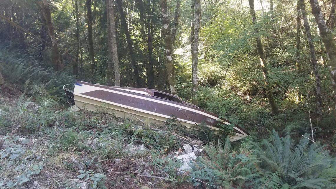 A boat was found abandoned in the Yacolt Burn State Forest in southwest Washington in October, officials said. Dumping objects like this is illegal.