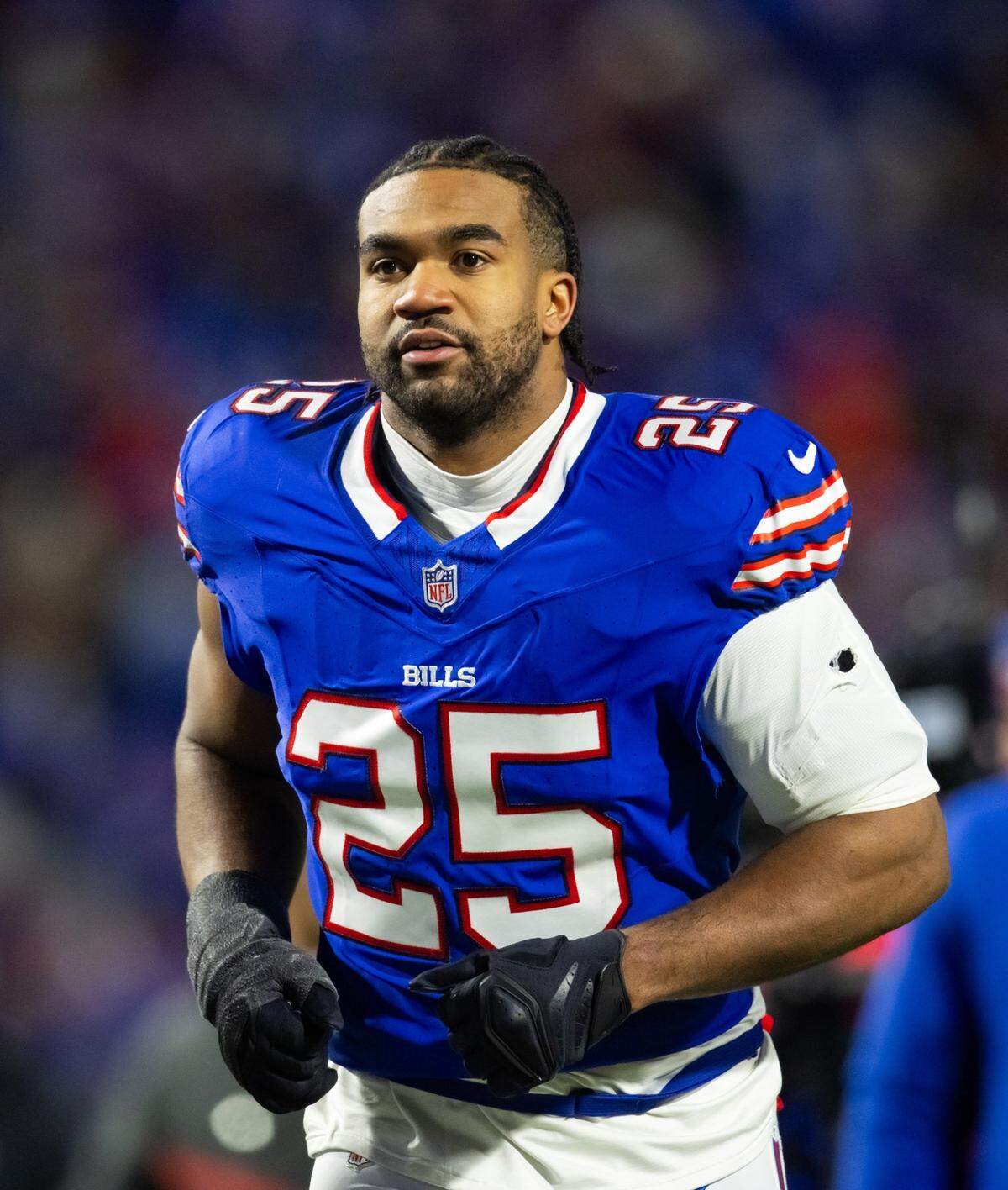 Jan 21, 2024; Orchard Park, New York, USA; Buffalo Bills linebacker Tyrel Dodson (25) against the Kansas City Chiefs in the 2024 AFC divisional round game at Highmark Stadium. Mandatory Credit: Mark J. Rebilas-USA TODAY Sports