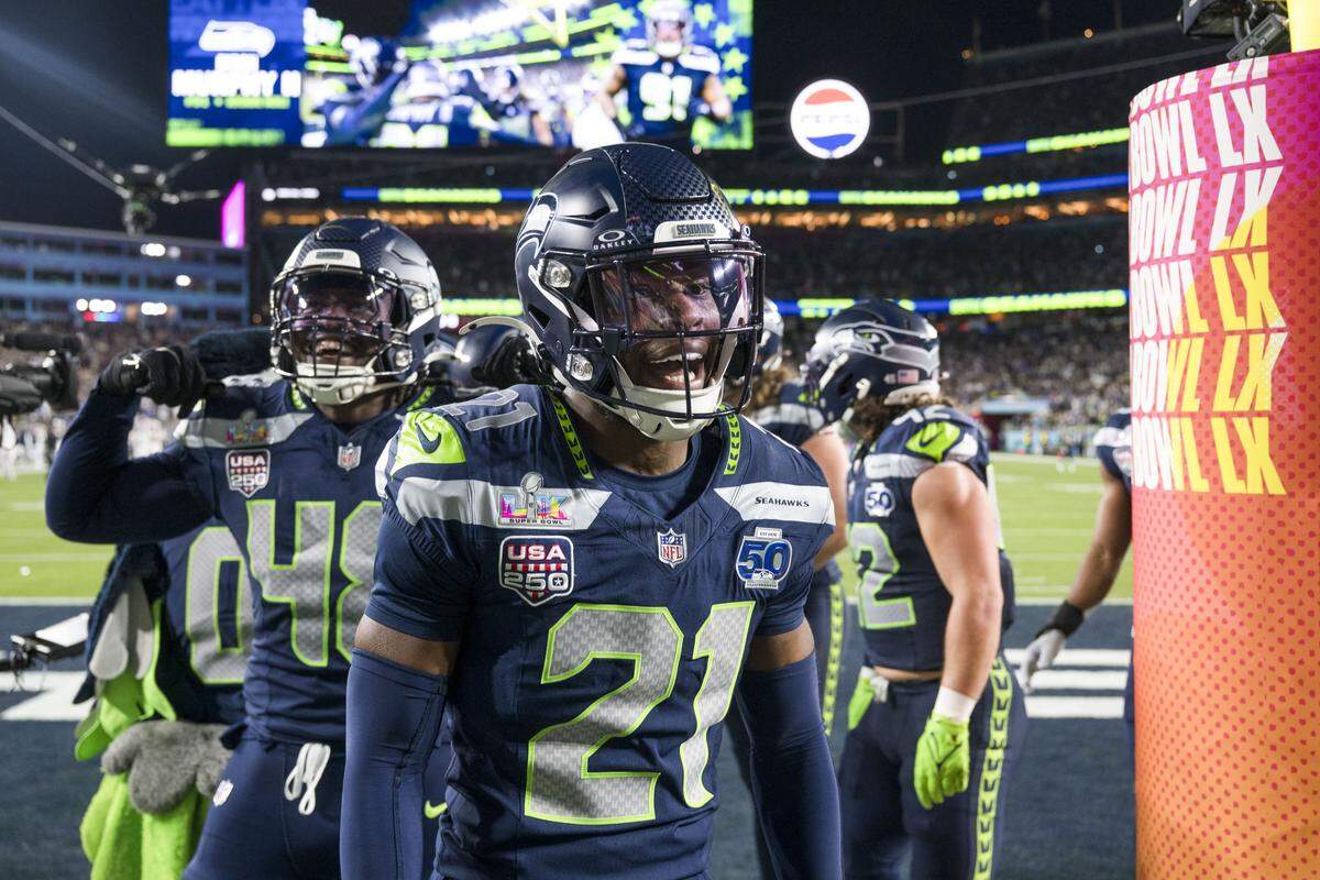 Seattle cornerback Devon Witherspoon (21) and the Seahawks defense celebrates during the third quarter of Super Bowl LX at Levi's Stadium on Feb. 8, 2026 in Santa Clara, Calif.