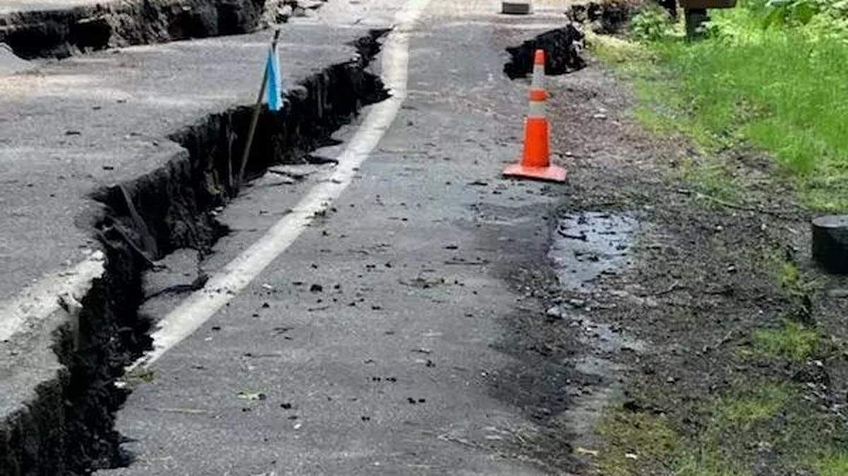 A damaged road currently under repair on State Route 20 between Marblemount and Newhalem.