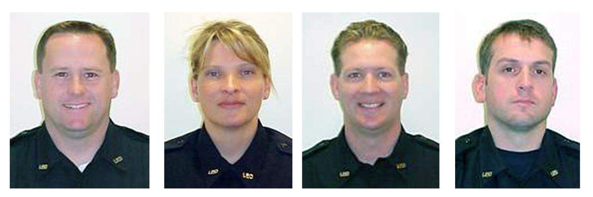 This combination of photos provided by the City of Lakewood shows, from left to right, Lakewood police officers Greg Richards, 42; Tina Griswold, 40; Ronald Owens, 37; and Sgt. Mark Renninger, 39. The four were killed when a gunman opened fire on them at a Parkland coffee shop on Sunday, Nov. 29, 2009.