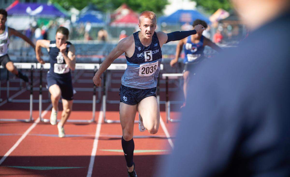 Squalicum’s Andre Korbmacher runs to a state title in the 2A boys 110-meter high hurdles during the second day of the WIAA state track and field championships at Mount Tahoma High School in Tacoma, Washington, on Friday, May 26, 2023.