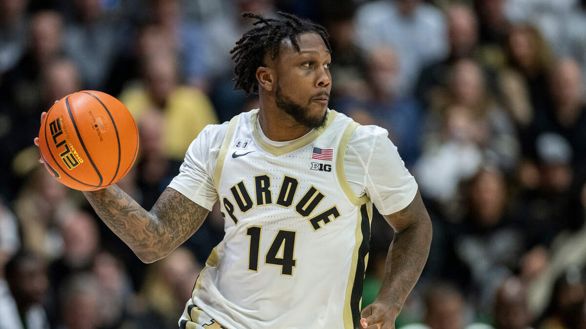 Purdue guard David Jenkins Jr. (14) during the second half of an NCAA college basketball game, Thursday, Dec. 29, 2022, in West Lafayette, Ind. (AP Photo/Doug McSchooler)