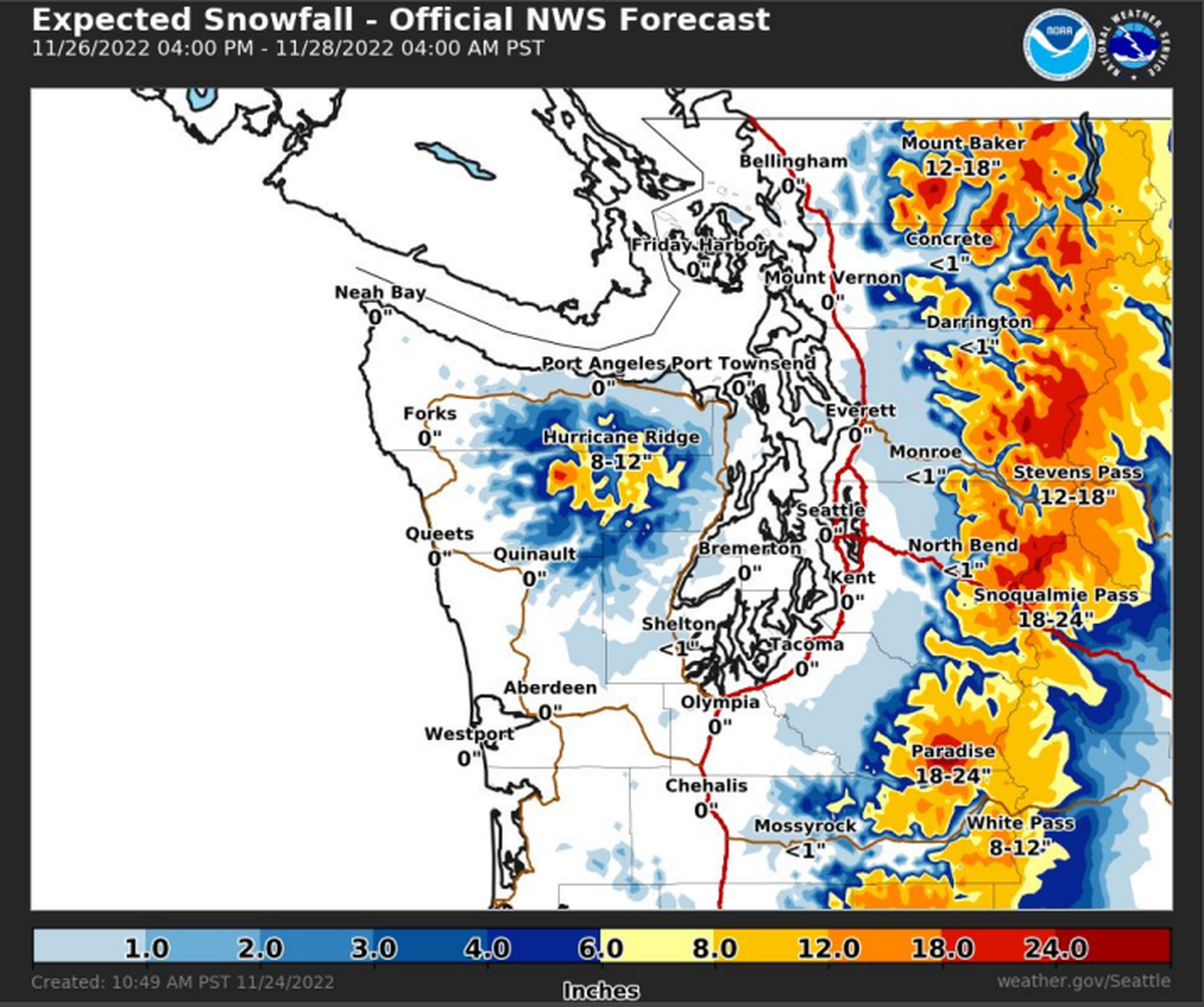 Heavy snowfall is expected over the Thanksgiving holiday weekend in the Cascade mountain passes, according to the National Weather Service.