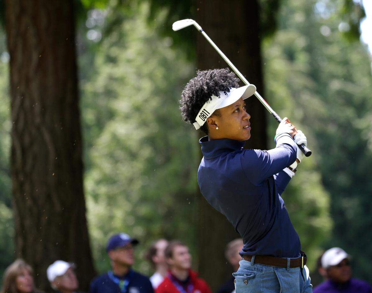 Sadena Parks in action in the second round at the Womens PGA Championship golf tournament at Sahalee Country Club Friday, June 10, 2016, in Sammamish, Wash. (AP Photo/Elaine Thompson)