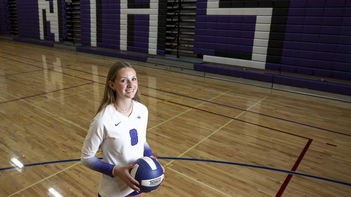 North Thurston's Addy Conner, named The News Tribune's All-Area volleyball player of the year, stands for a portrait on Monday, Dec. 15, 2025, at the school in Olympia, Wash. Conner guided the Rams to their first state title in program history.