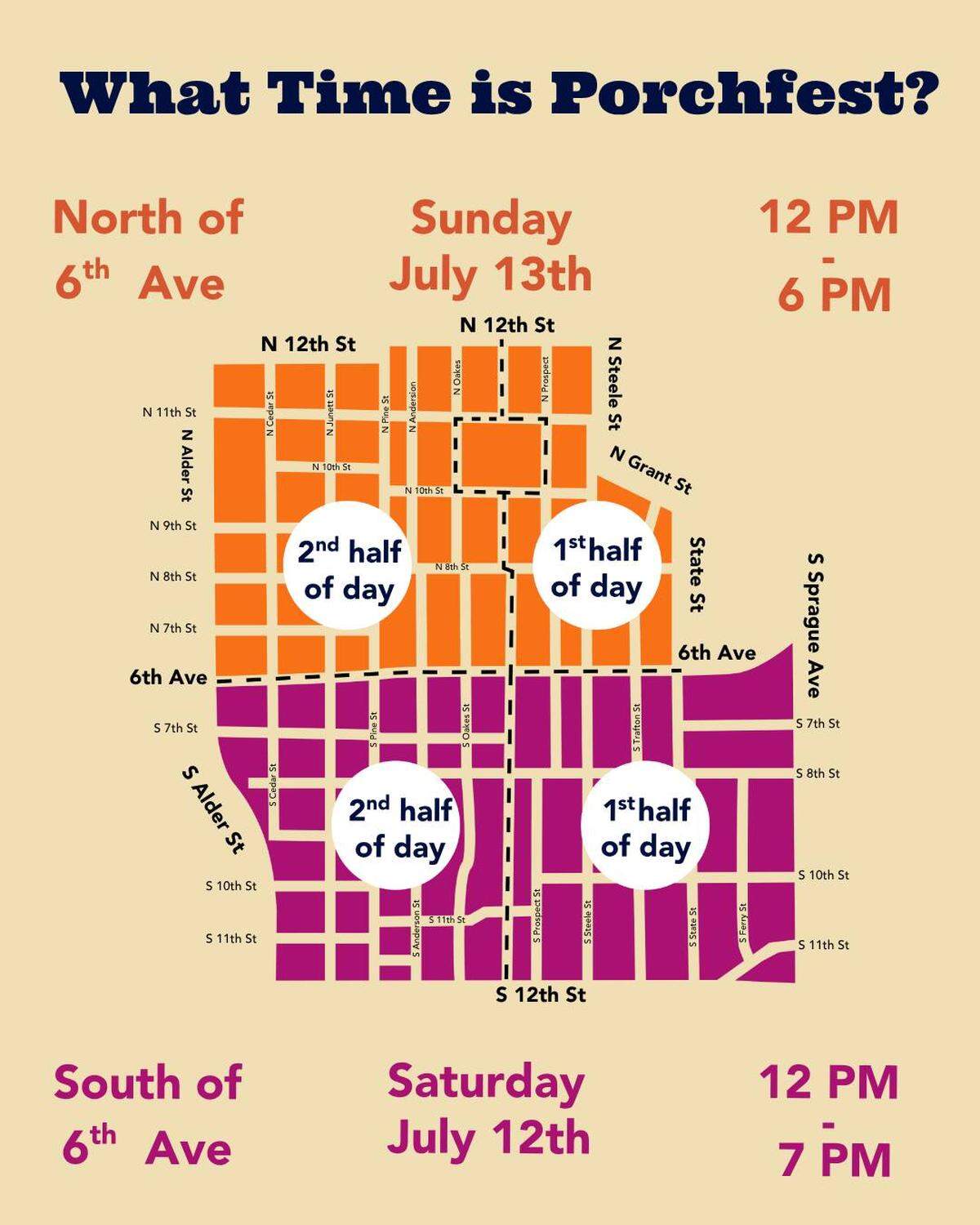 A map displays where bands in the Tacoma Porchfest festival will be playing on July 12 and 13, 2025.
