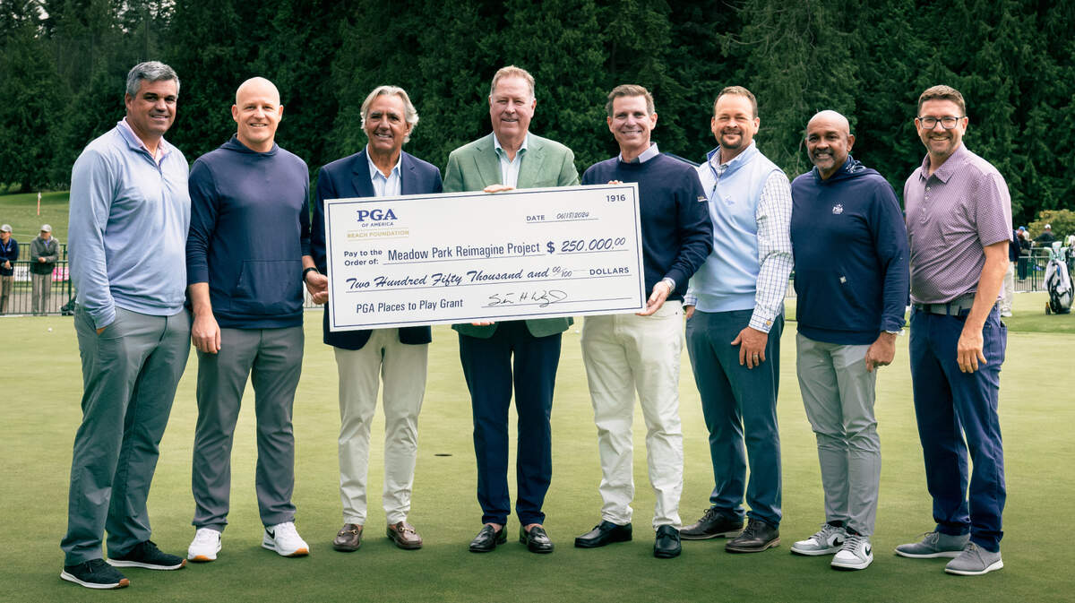 Meadow Park Director of Golf Erik Haag (second from left), joined by representatives from PGA of America and Pacific Northwest PGA, accepts a $250,000 grant from PGA’s REACH Foundation at Sahalee Country Club in Sammamish, Wash., on June 18, 2024.