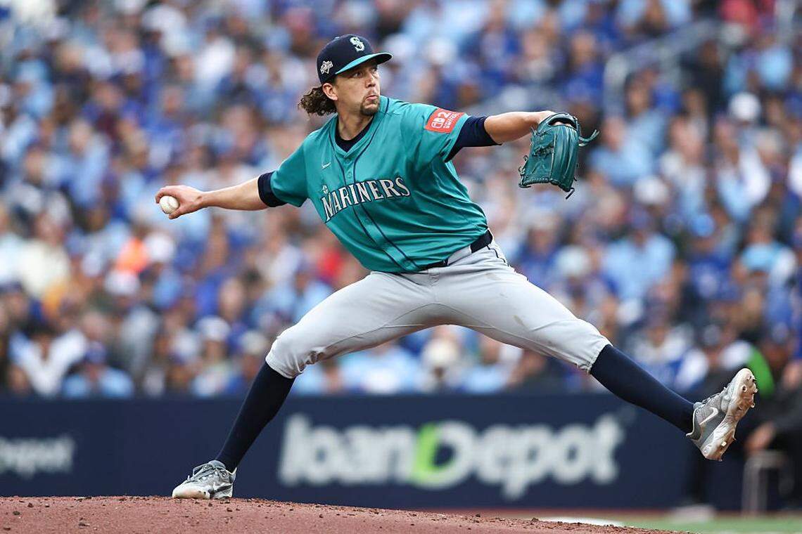 TORONTO, ONTARIO - OCTOBER 13: Logan Gilbert #36 of the Seattle Mariners pitches against the Toronto Blue Jays during the first inning in game two of the American League Championship Series at Rogers Centre on October 13, 2025 in Toronto, Ontario. (Photo by Cole Burston/Getty Images)