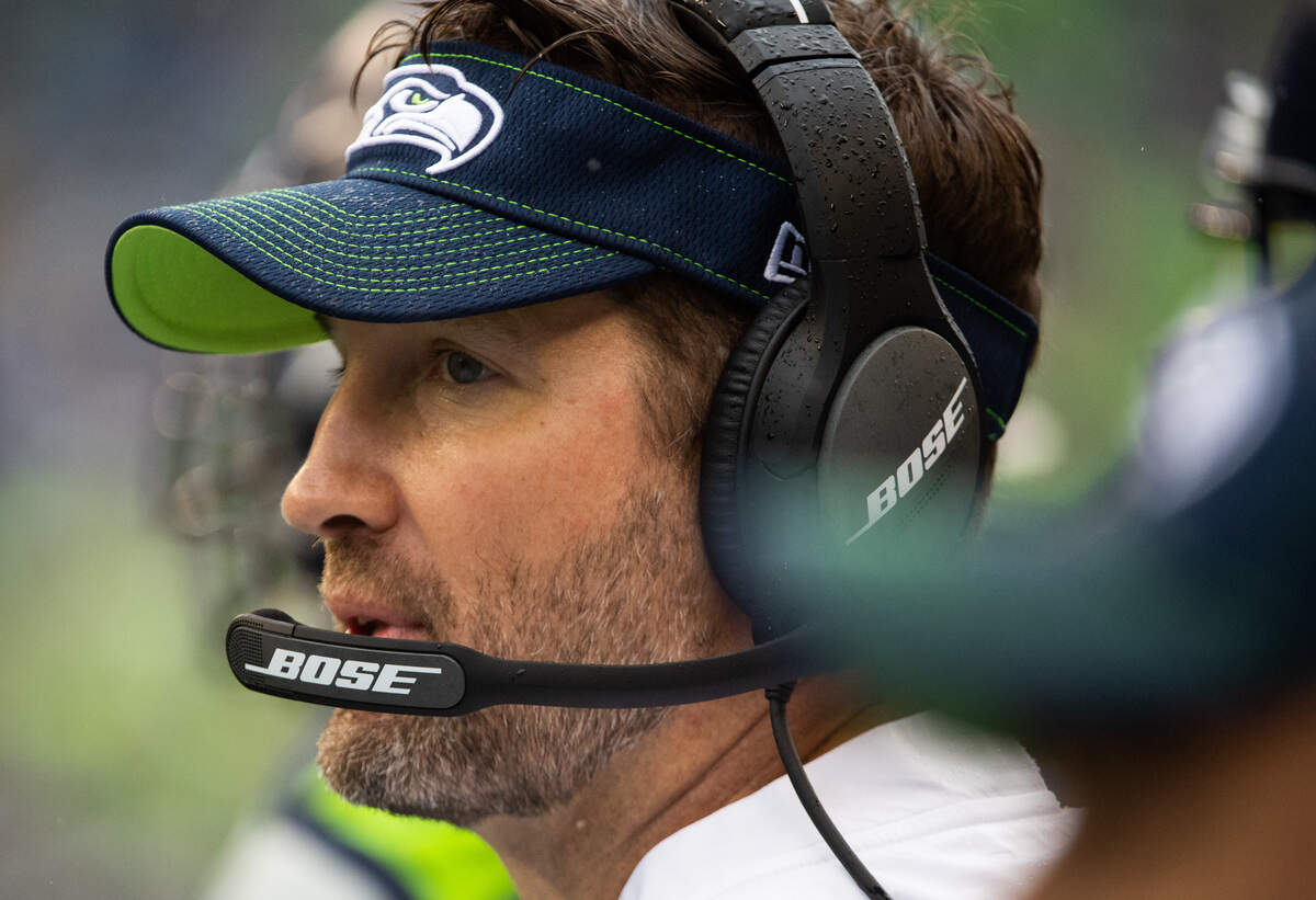 Seattle offensive coordinator Brian Schottenheimer calls plays from the sideline during the game. The Seattle Seahawks played the New Orleans Saints in a NFL football game at CenturyLink Field in Seattle, Wash., on Saturday, Sept. 21, 2019.